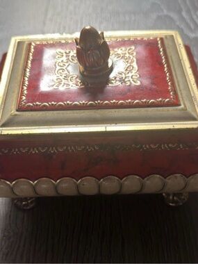 Vintage 1950’s Blue Bird Red and Gold Ornate Decorative Jewelry Box
